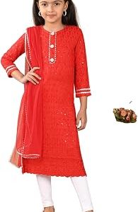 Girls Chikankari Kurta Set, Rayon, Round Neck, Three-Quarter Sleeve, with Sequin Embroidery, Legging and Dupatta 4 to