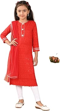Girls Chikankari Kurta Set, Rayon, Round Neck, Three-Quarter Sleeve, with Sequin Embroidery, Legging and Dupatta 4 to