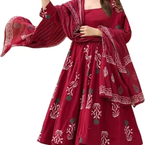 ANNI Designer Women's Rayon Blend Anarkali Printed Kurta with Pant & Dupatta